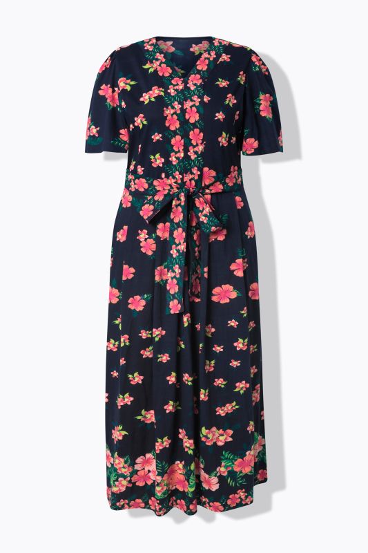 Robe maxi à fleurs, décolleté en V et manches courtes