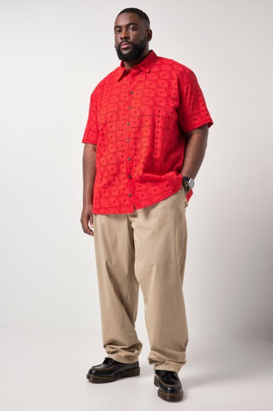 Chemise STHUGE avec broderie ajourée, manches courtes et col Kent, coupe Boxy Fit – jusqu'au 8 XL