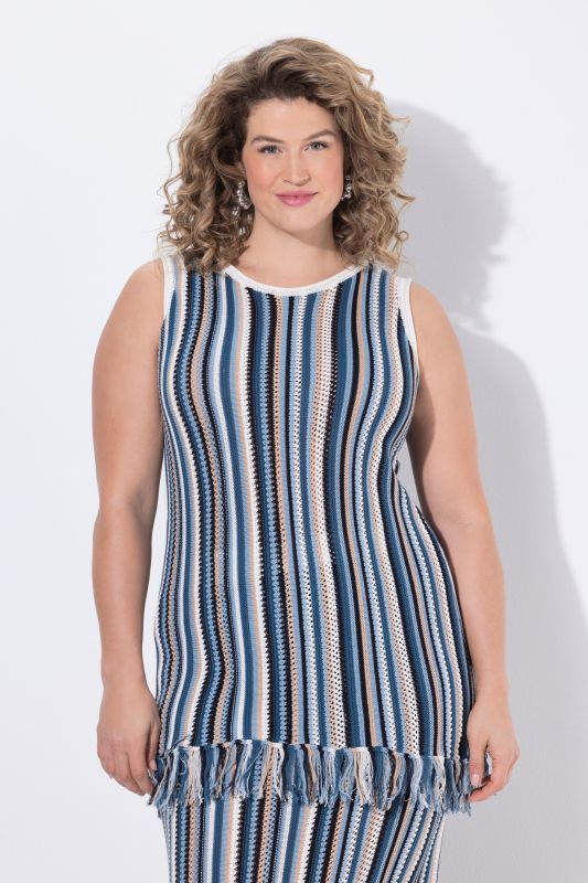 Haut sans manches à rayures, en maille ajourée, franges et décolleté rond, coupe Classic Fit