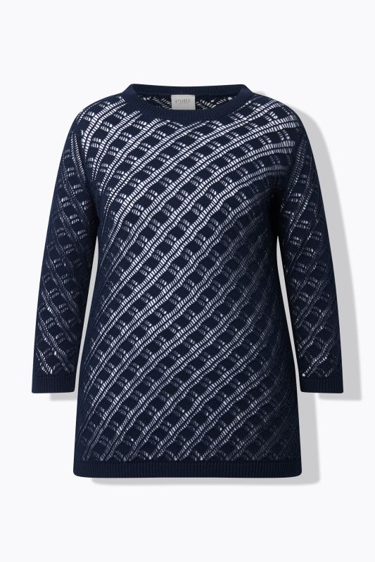 Pull maille ajourée motif filet, col rond et manches&nbsp;3/4