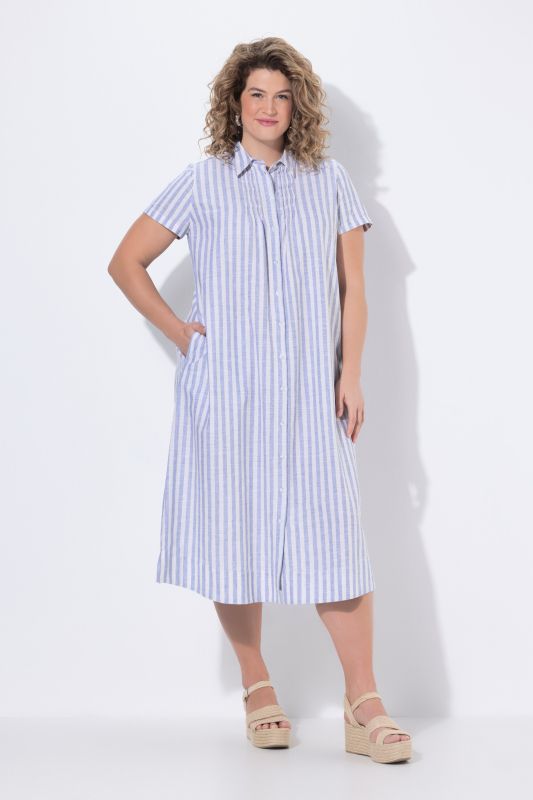 Robe maxi en coton bio rayé, col chemise et manches courtes