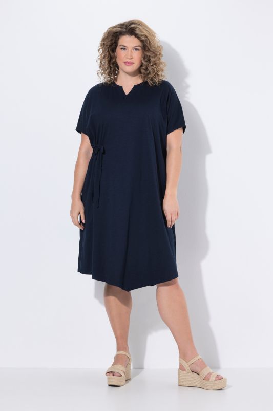 Robe midi en coton bio, col tunisien et manches courtes