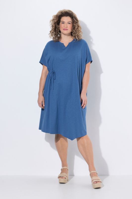 Robe midi en coton bio, col tunisien et manches courtes