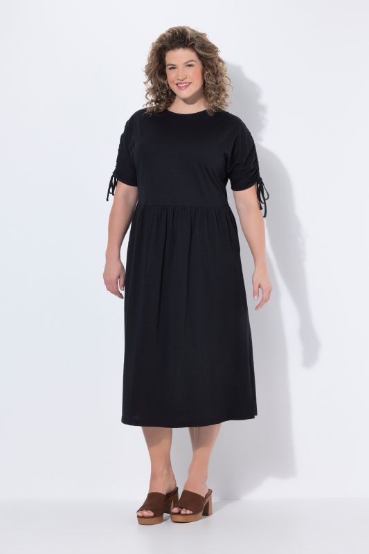 Robe midi en coton bio, décolleté rond et manches courtes, cordons à froncer