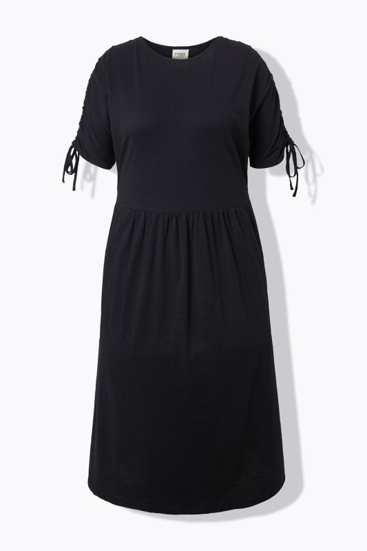 Robe midi en coton bio, décolleté rond et manches courtes, cordons à froncer