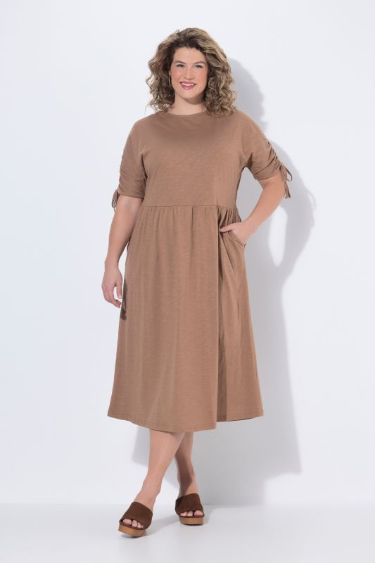 Robe midi en coton bio, décolleté rond et manches courtes, cordons à froncer