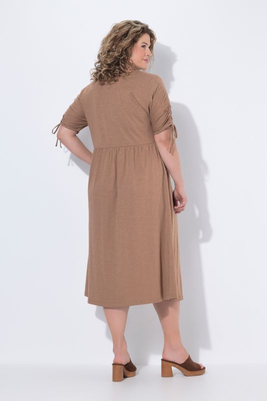 Robe midi en coton bio, décolleté rond et manches courtes, cordons à froncer