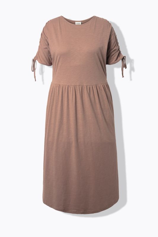 Robe midi en coton bio, décolleté rond et manches courtes, cordons à froncer