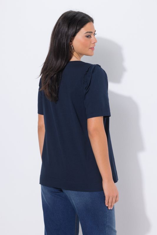 T-shirt avec ruchés, col rond et manches courtes, coupe évasée