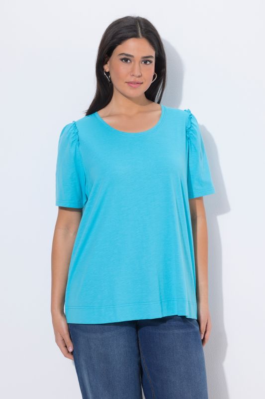 T-shirt avec ruchés, col rond et manches courtes, coupe évasée