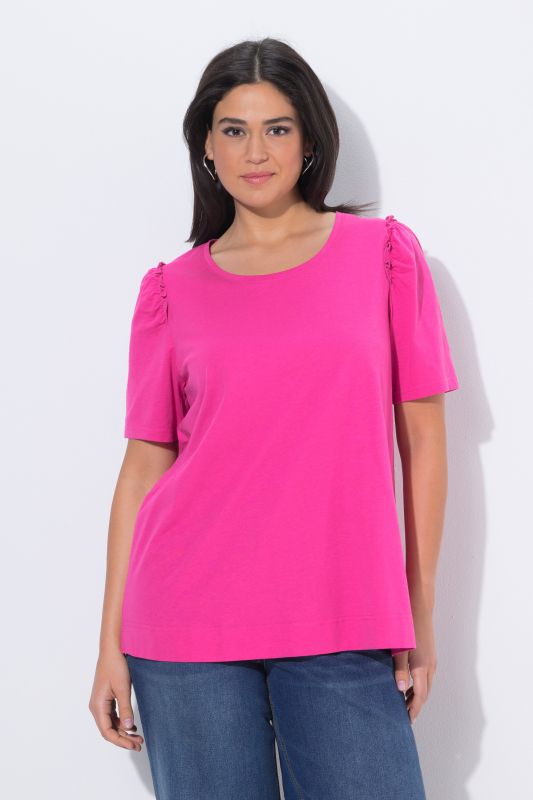 T-shirt avec ruchés, col rond et manches courtes, coupe évasée