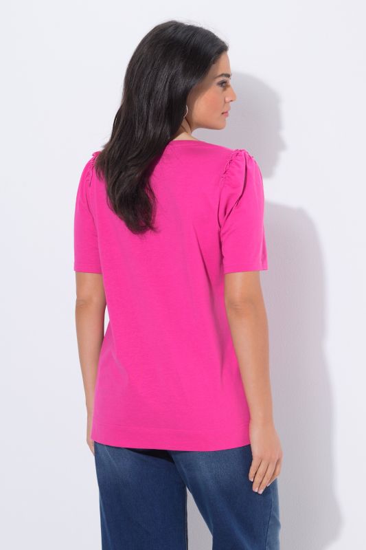 T-shirt avec ruchés, col rond et manches courtes, coupe évasée