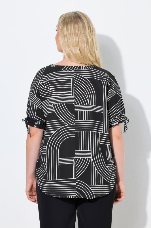 Blouse imprimé graphique, décolleté en V et manches courtes, pli fantaisie