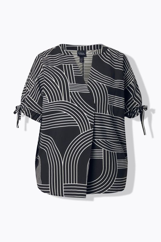 Blouse imprimé graphique, décolleté en V et manches courtes, pli fantaisie
