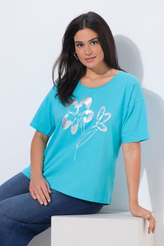 T-shirt oversize, motif fleur, décolleté en V et manches courtes