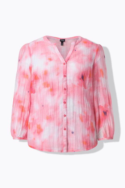 Blouse en mousseline motif batik, col tunisien et manches longues ballon