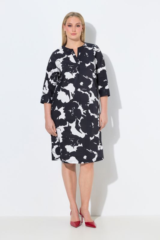 Robe tunique à fleurs, col tunisien et manches&nbsp;3/4