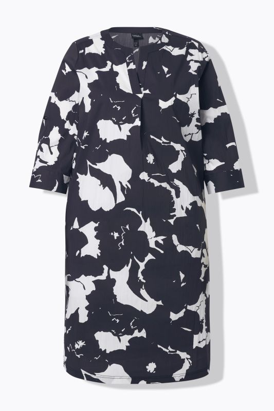 Robe tunique à fleurs, col tunisien et manches&nbsp;3/4