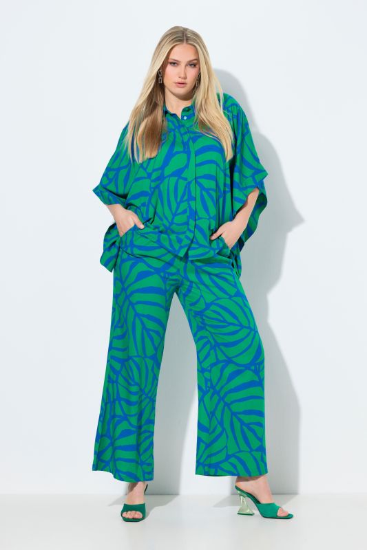 Pantalon motif feuilles, jambe droite et large et taille élastique