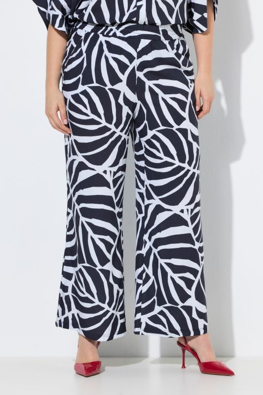 Pantalon motif feuilles, jambe droite et large et taille élastique