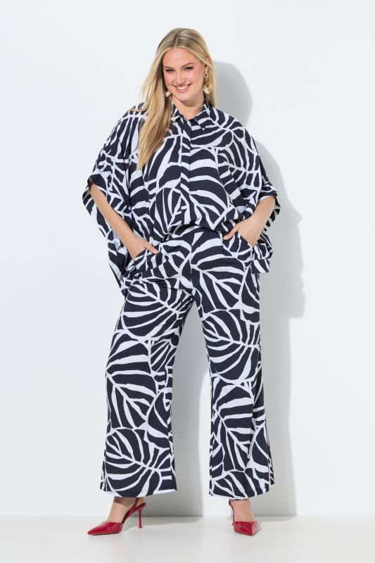 Pantalon motif feuilles, jambe droite et large et taille élastique