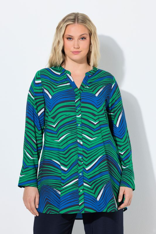 Blouse longue imprimé graphique, col tunisien et manches longues