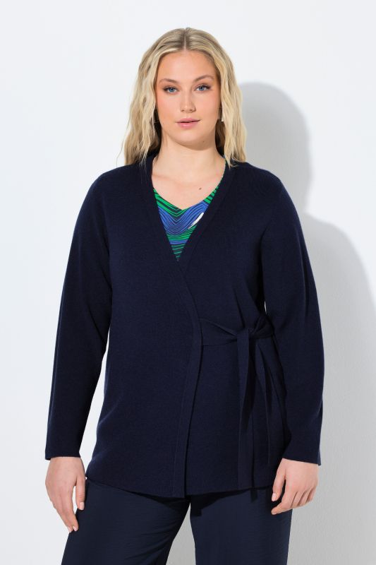 Cardigan long, encolure en V et manches longues, ruban en guise de fermeture