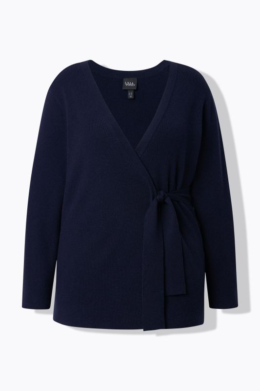 Cardigan long, encolure en V et manches longues, ruban en guise de fermeture