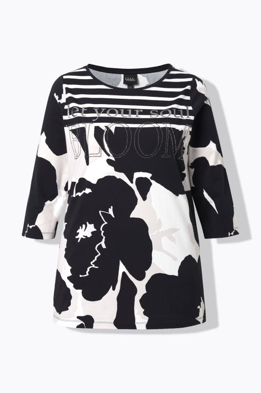 T-shirt avec fleurs et petits strass, encolure bateau et manches&nbsp;3/4