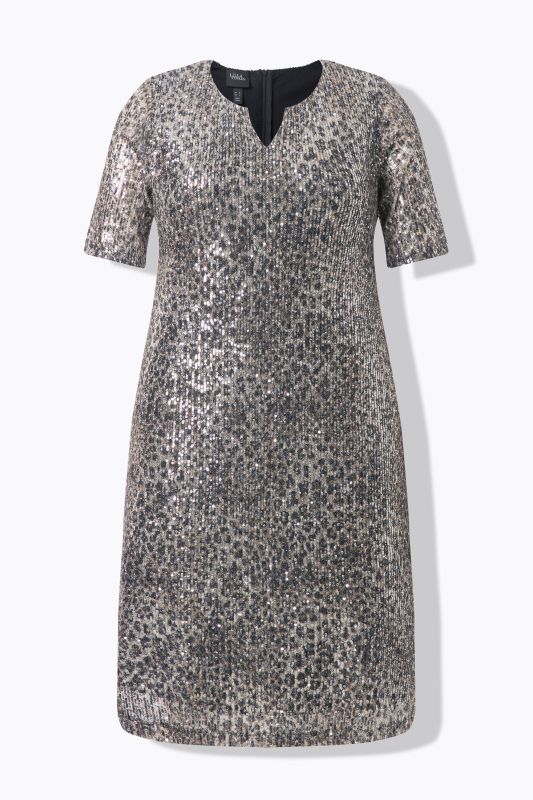 Robe à paillettes, motif léopard, manches courtes et coupe évasée