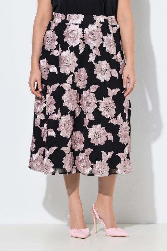 Jupe midi avec applications florales, taille élastique et coupe évasée