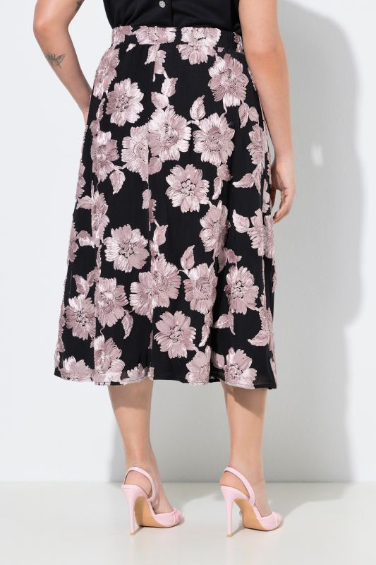 Jupe midi avec applications florales, taille élastique et coupe évasée