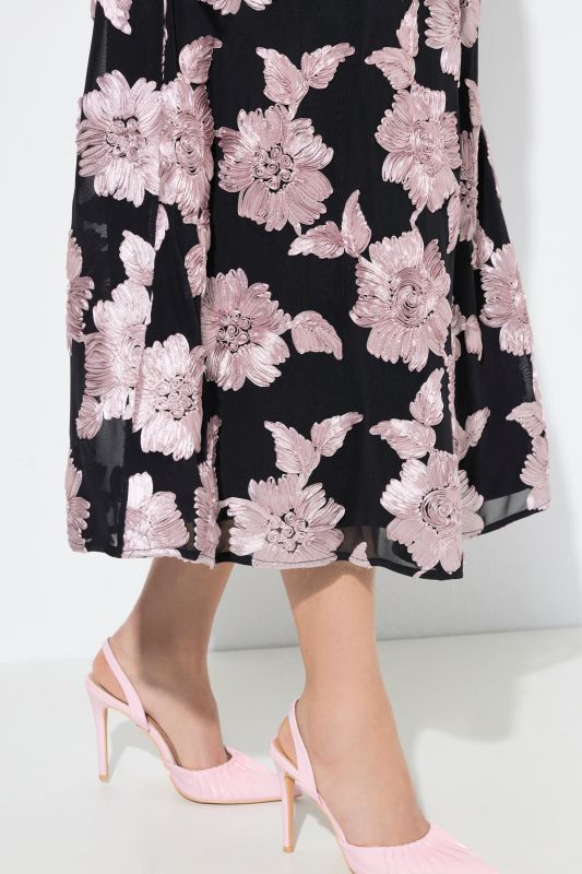 Jupe midi avec applications florales, taille élastique et coupe évasée