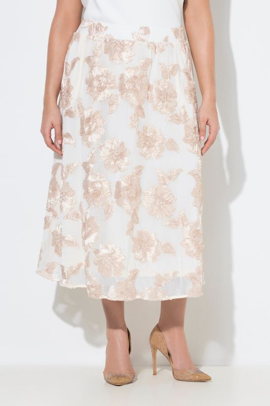 Jupe midi avec applications florales, taille élastique et coupe évasée