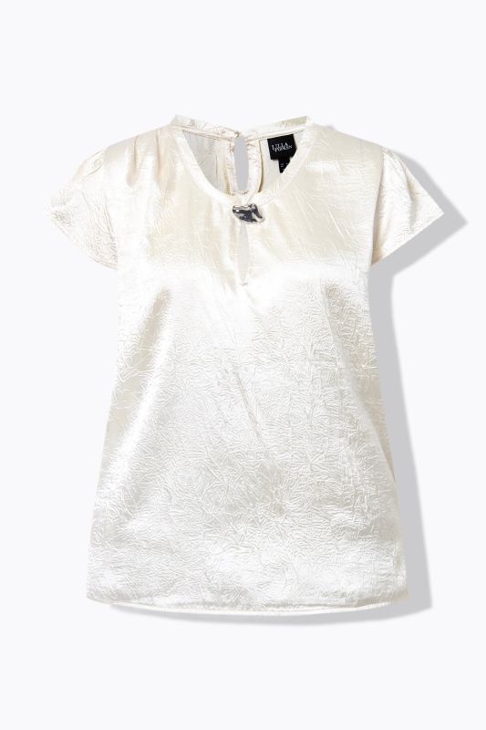 Blouse avec broche, coupe évasée et décolleté rond, manches courtes mancheron