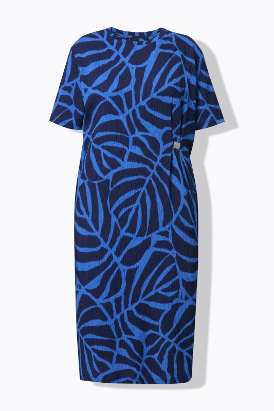Robe midi oversize, motif feuilles, décolleté rond et manches courtes
