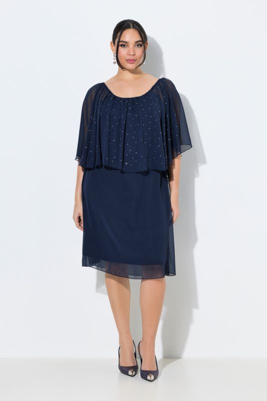 Robe avec voile en mousseline, décolleté Carmen et coupe évasée