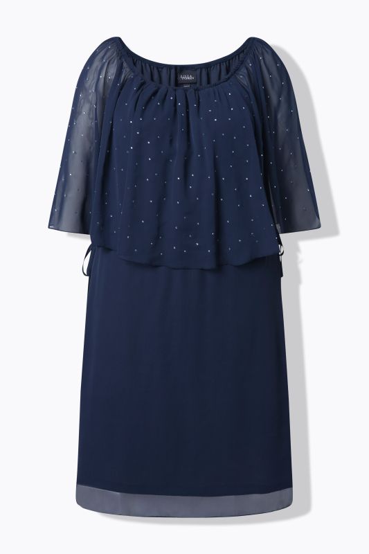 Robe avec voile en mousseline, décolleté Carmen et coupe évasée