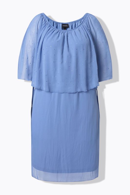 Robe avec voile en mousseline, décolleté Carmen et coupe évasée