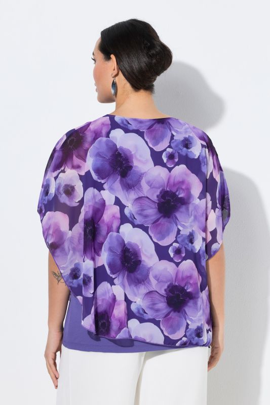 Blouse à fleurs en mousseline doublée, décolleté rond et manches courtes