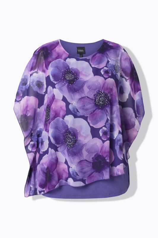 Blouse à fleurs en mousseline doublée, décolleté rond et manches courtes