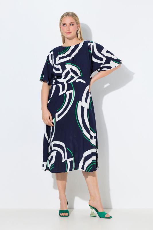 Robe midi en jersey, encolure bateau et manches courtes, coupe évasée