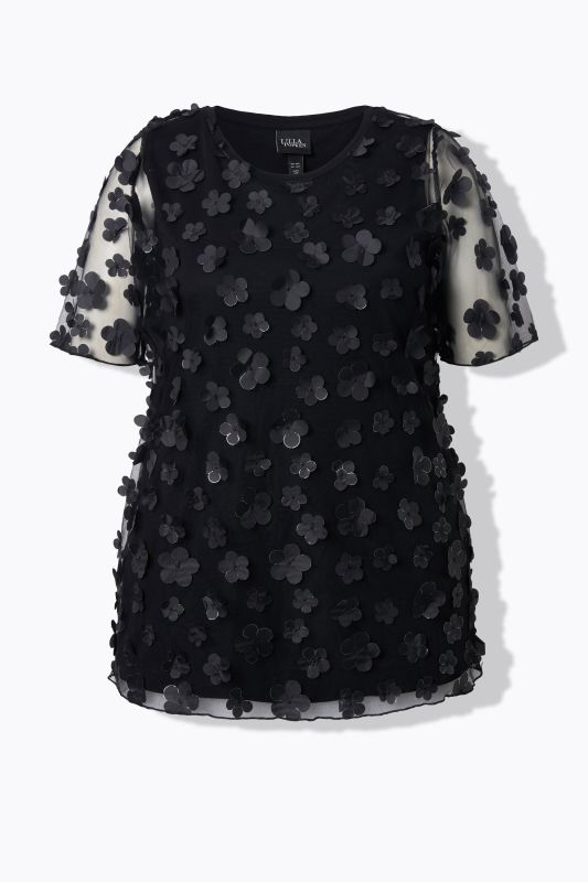 Blouse avec applications florales, décolleté rond et manches courtes