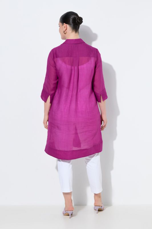 Chemisier long, tissu ramie, col chemise et manches&nbsp;3/4