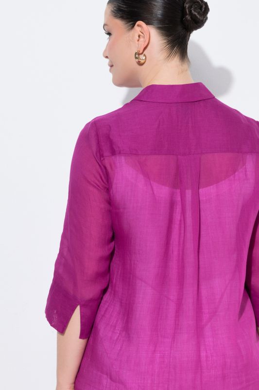 Chemisier long, tissu ramie, col chemise et manches&nbsp;3/4