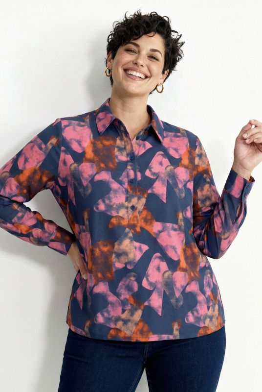 Tunique col montant et manches longues, imprimé graphique, coupe évasée