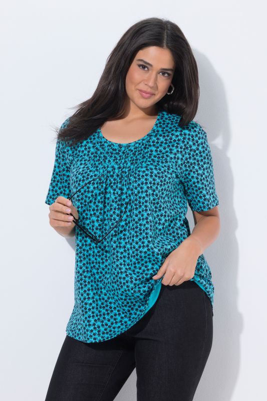 T-Shirt avec plis fantaisie, coupe évasée, col rond et manches courtes