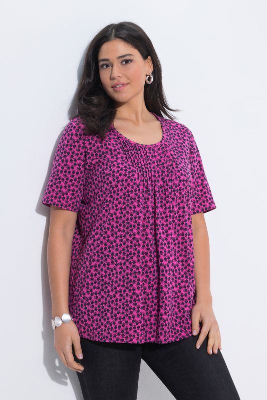 T-Shirt avec plis fantaisie, coupe évasée, col rond et manches courtes