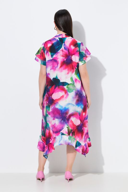 Robe midi à manches courtes et col calice, motif fleurs esprit aquarelle, coupe évasée