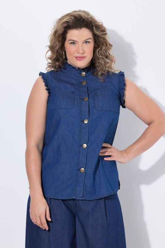 Haut sans manches en coton bio, col montant et ruchés